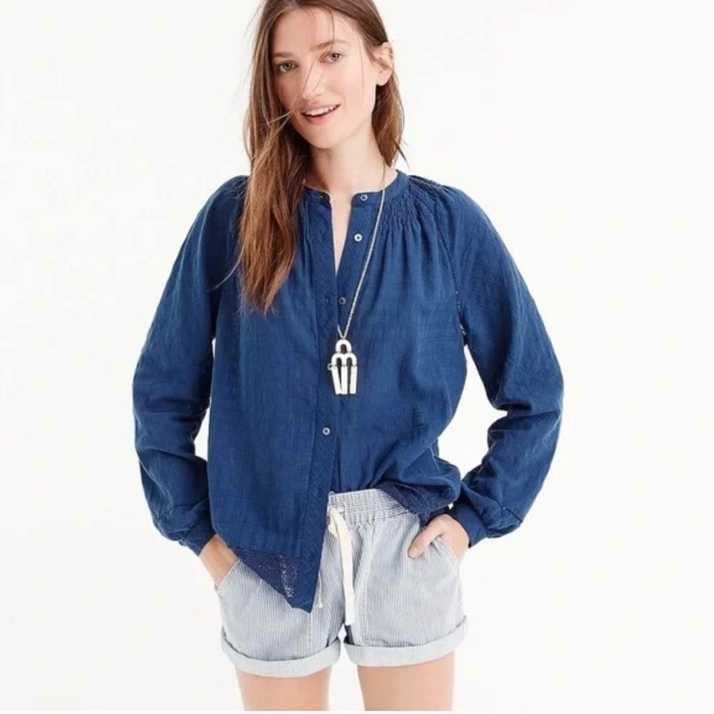 NWOT J. Crew Point Sur Peasant Blouse in Windowpane Cotton Voile.